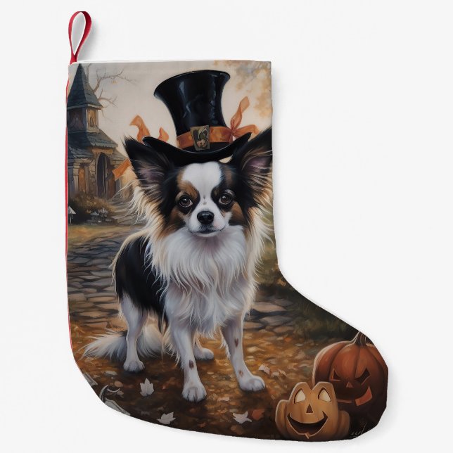 Papillon Pumpkins Halloween Scary  Small Christmas Stocking (Front)