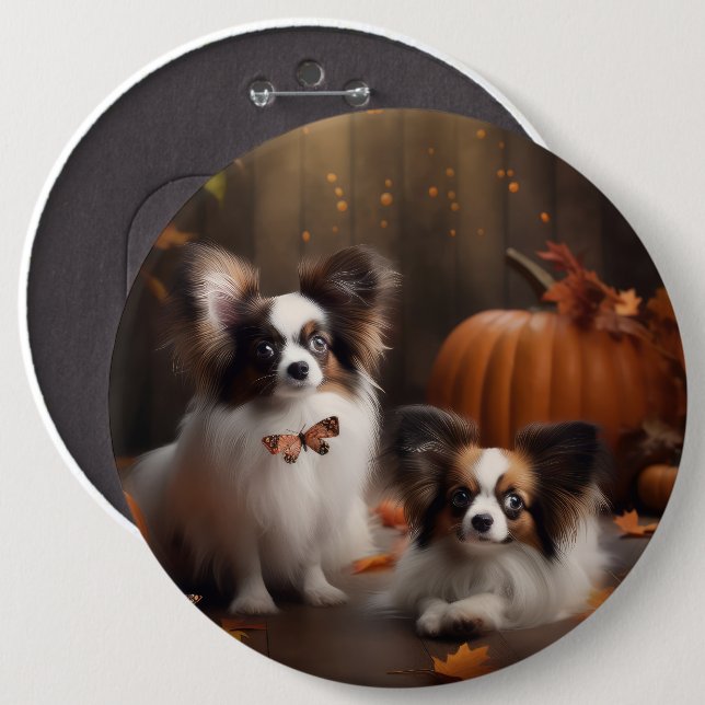 Papillon Puppy Autumn Delight Pumpkin Button (Front & Back)