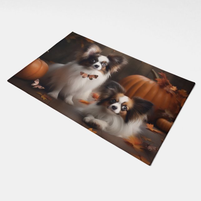 Papillon Puppy Autumn Delight Pumpkin Doormat (Angled)