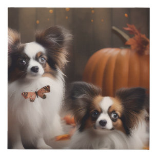 Papillon Puppy Autumn Delight Pumpkin Faux Canvas Print
