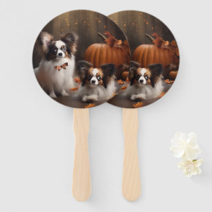 Papillon Puppy Autumn Delight Pumpkin Hand Fan