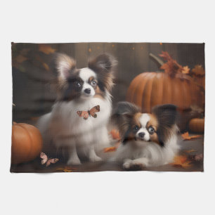 Papillon Puppy Autumn Delight Pumpkin Kitchen Towel