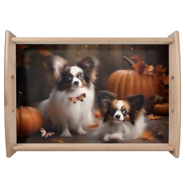 Papillon Puppy Autumn Delight Pumpkin Serving Tray (Front)