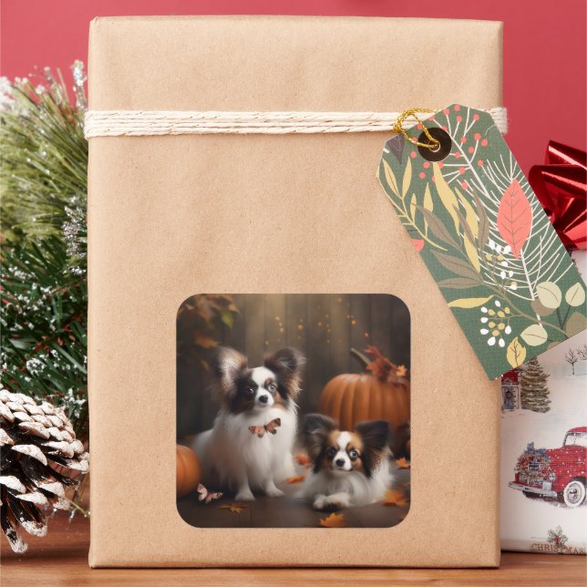 Papillon Puppy Autumn Delight Pumpkin Square Sticker (Holiday)