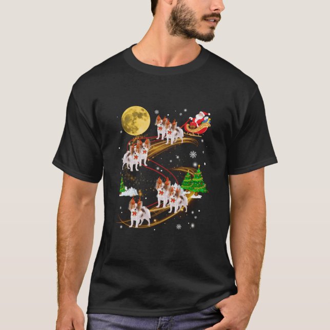 Papillon Reindeer Christmas Dog Riding Santa Xmas  T-Shirt (Front)
