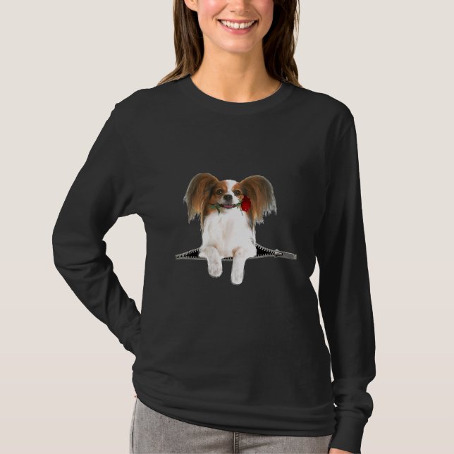 Papillon Rose Zipper Dog Pocket T-Shirt (Front)