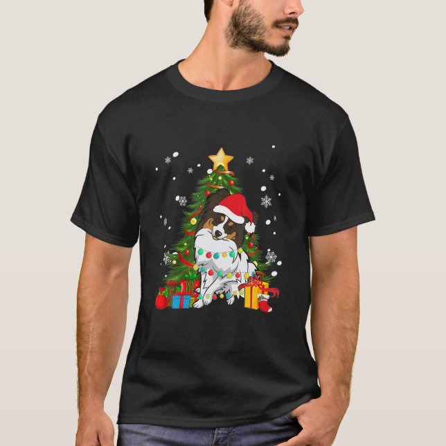 Papillon Santa Christmas Tree Light Pajama Dog T-Shirt (Front)
