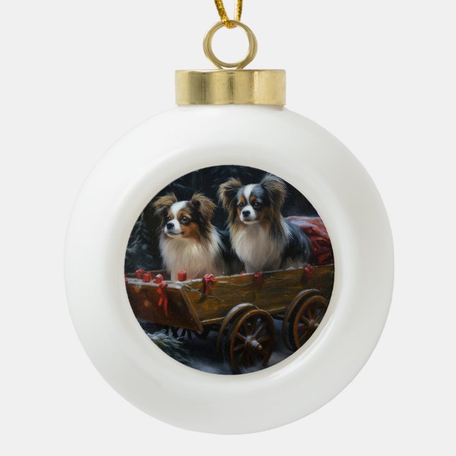 Papillon Snowy Sleigh Christmas Decor  Ceramic Ball Christmas Ornament (Front)