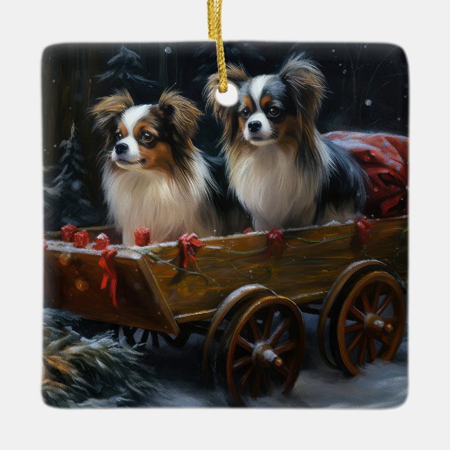 Papillon Snowy Sleigh Christmas Decor  Ceramic Ornament (Front)