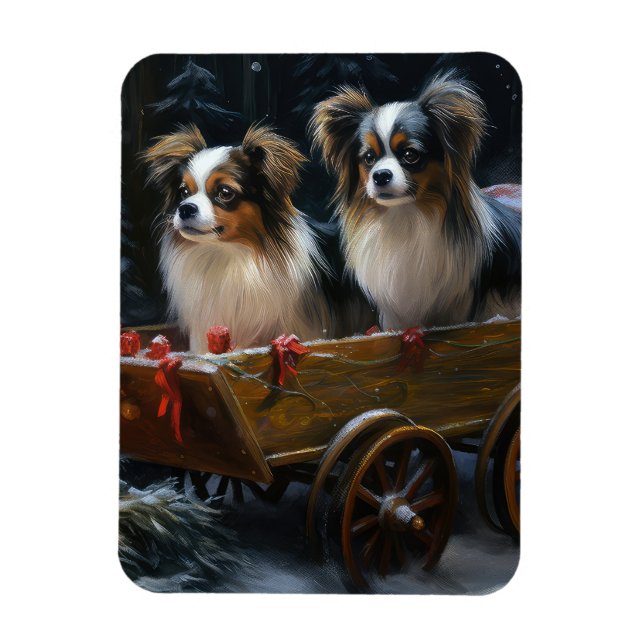Papillon Snowy Sleigh Christmas Decor  Magnet (Vertical)