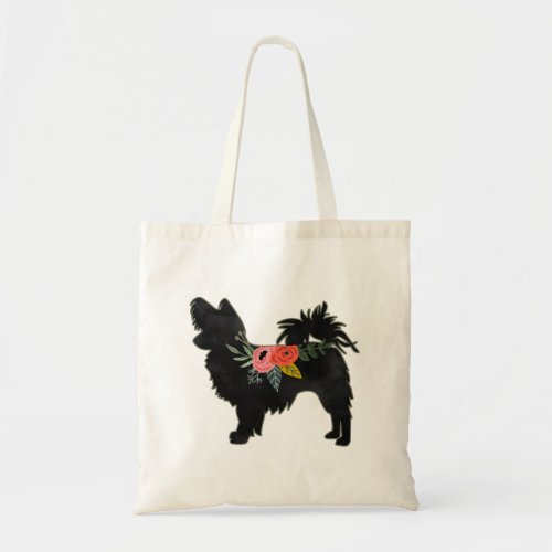 Papillon Toy Dog Breed Boho Floral Silhouette Tote Bag