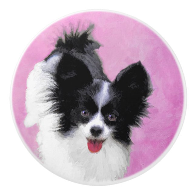 Papillon (White and Black) Painting - Dog Art Ceramic Knob (Front)