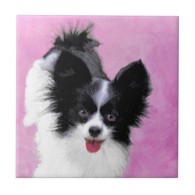 Papillon (White and Black) Painting - Dog Art Ceramic Tile (Front)