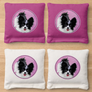 Papillon (White and Black) Painting - Dog Art Cornhole Bags