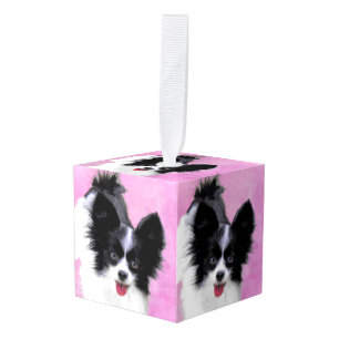 Papillon (White and Black) Painting - Dog Art Cube Ornament
