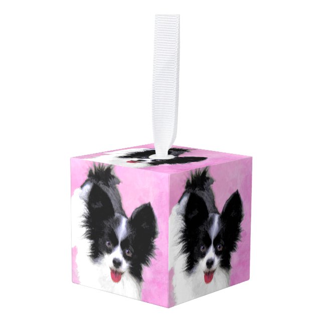Papillon (White and Black) Painting - Dog Art Cube Ornament (Front Angled)