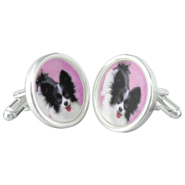 Papillon (White and Black) Painting - Dog Art Cufflinks (Angled)