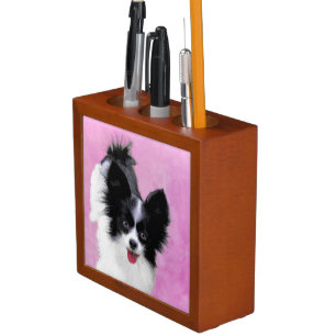 Papillon (White and Black) Painting - Dog Art Desk Organizer