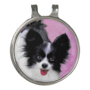 Papillon (White and Black) Painting - Dog Art Golf Hat Clip