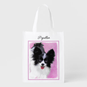 Papillon (White and Black) Painting - Dog Art Groc Grocery Bag