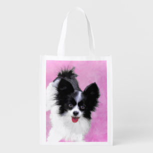Papillon (White and Black) Painting - Dog Art Grocery Bag