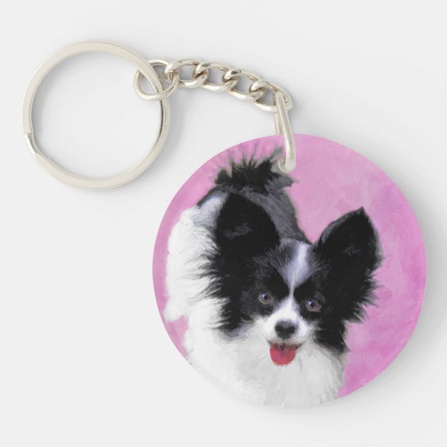 Papillon (White and Black) Painting - Dog Art Keychain (Front)