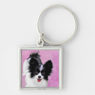 Papillon (White and Black) Painting - Dog Art Keychain