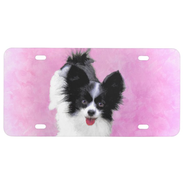 Papillon (White and Black) Painting - Dog Art License Plate (Front)