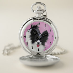 Papillon (White and Black) Painting - Dog Art Pocket Watch