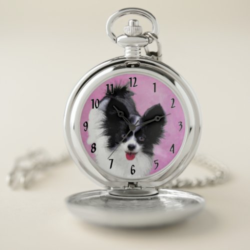 Papillon White and Black Painting _ Dog Art Pocket Watch