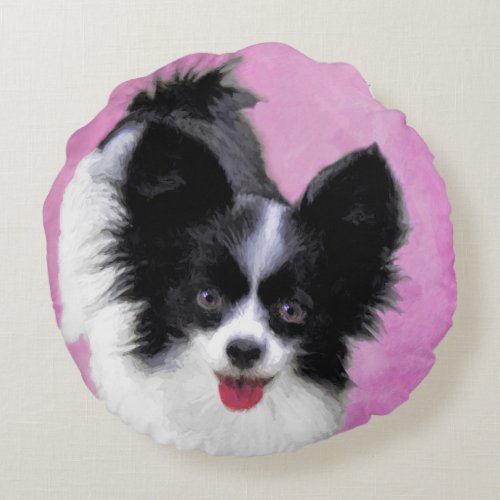 Papillon White and Black Painting _ Dog Art Round Pillow