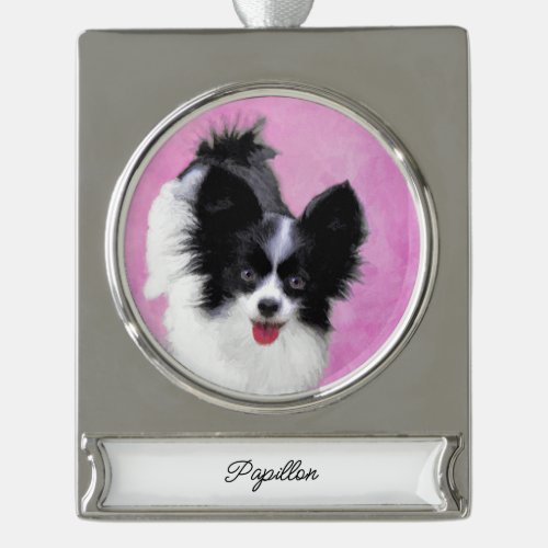 Papillon White and Black Painting _ Dog Art Silv Silver Plated Banner Ornament
