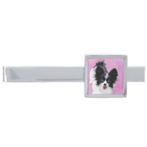 Papillon White and Black Painting _ Dog Art Silver Finish Tie Bar