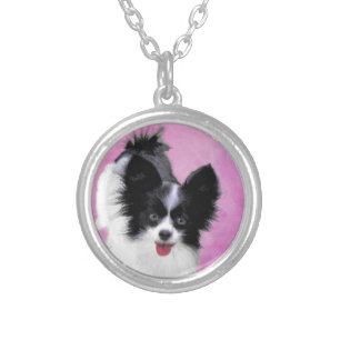 Papillon (White and Black) Painting - Dog Art Silver Plated Necklace