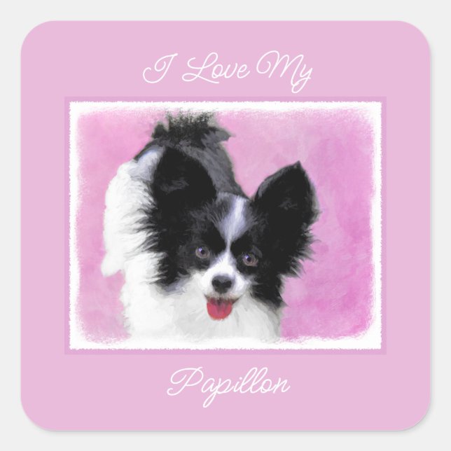 Papillon (White and Black) Painting - Dog Art Squa Square Sticker (Front)