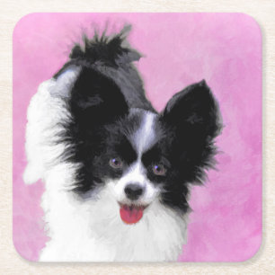 Papillon (White and Black) Painting - Dog Art Square Paper Coaster