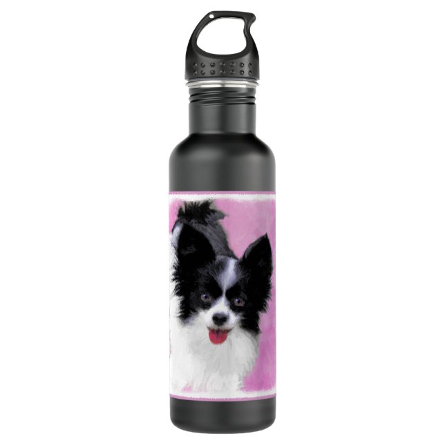 Papillon (White and Black) Painting - Dog Art Stainless Steel Water Bottle (Front)