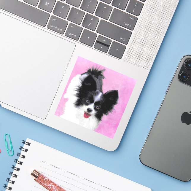 Papillon (White and Black) Painting - Dog Art Sticker (Laptop w/ iPhone)