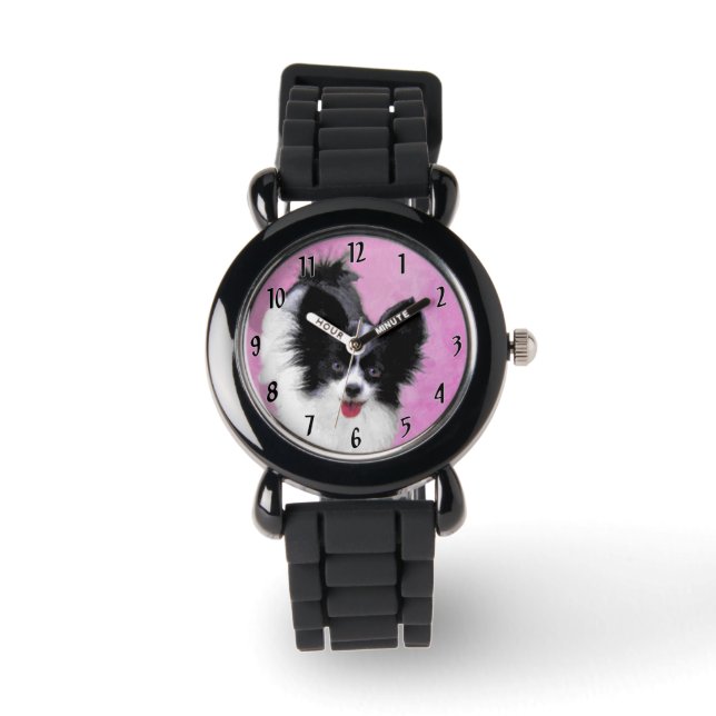 Papillon (White and Black) Painting - Dog Art Watch (Front)