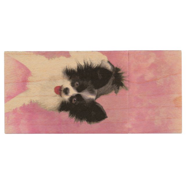 Papillon (White and Black) Painting - Dog Art Wood Flash Drive (Front)