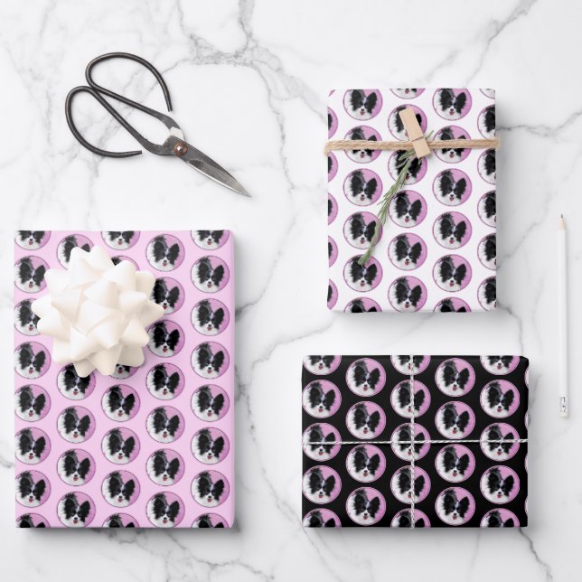 Papillon (White and Black) Painting - Dog Art Wrapping Paper Sheets (Front)