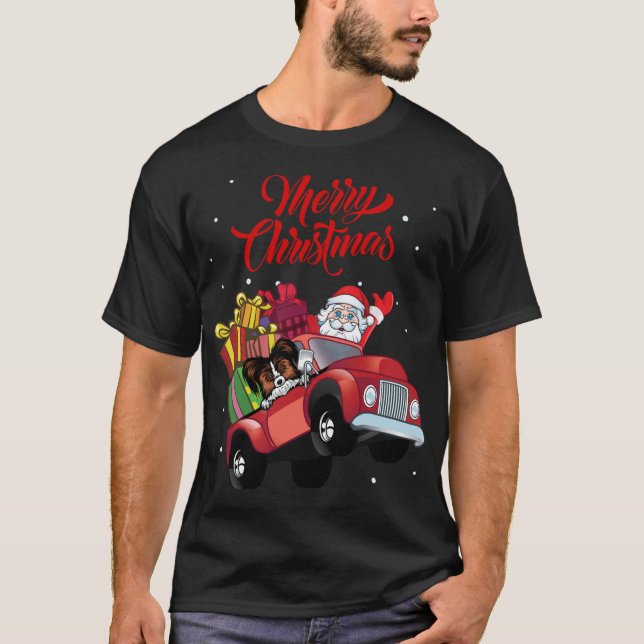 Papillon With Santa Claus In Red Truck Dog T-Shirt (Front)