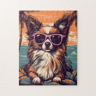 Papillon with Sunglasses at the beach Jigsaw Puzzle