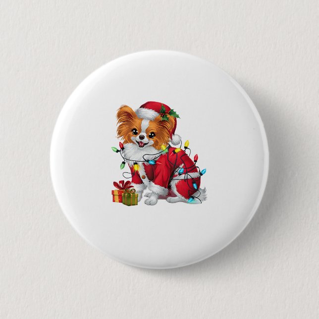 Papillon Xmas Lighting Santa Papillon Dog Christma Button (Front)