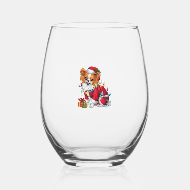 Papillon Xmas Lighting Santa Papillon Dog Christma Stemless Wine Glass (Front)