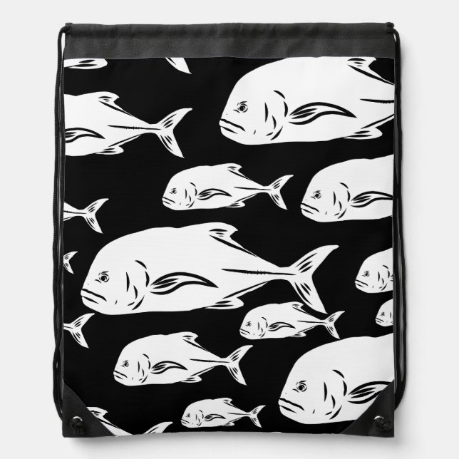 Papio and Ulua - Hawaiian black and white print Drawstring Bag (Front)
