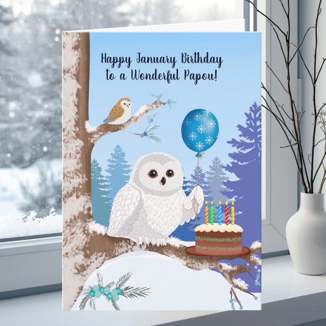 Papou Happy January Birthday Snowy Owl Card (Creator Uploaded)