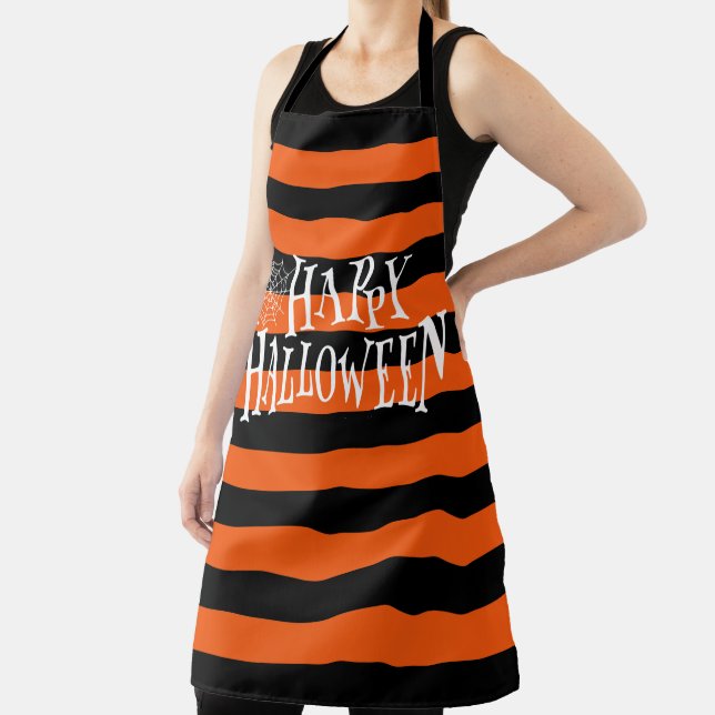 Pappy Halloween Typography Orang & Black Stripes Apron (Insitu)