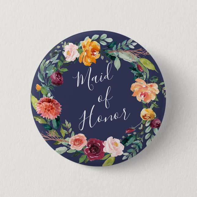 Paprika Burgundy Floral Maid of Honor Button (Front)