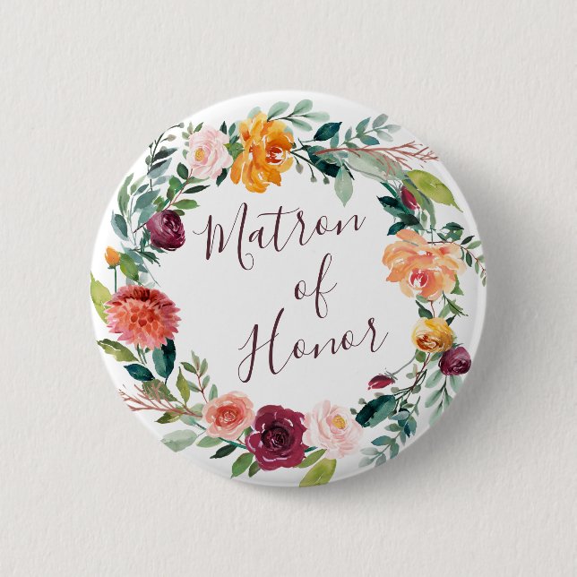 Paprika Burgundy Floral Matron of Honor Button (Front)